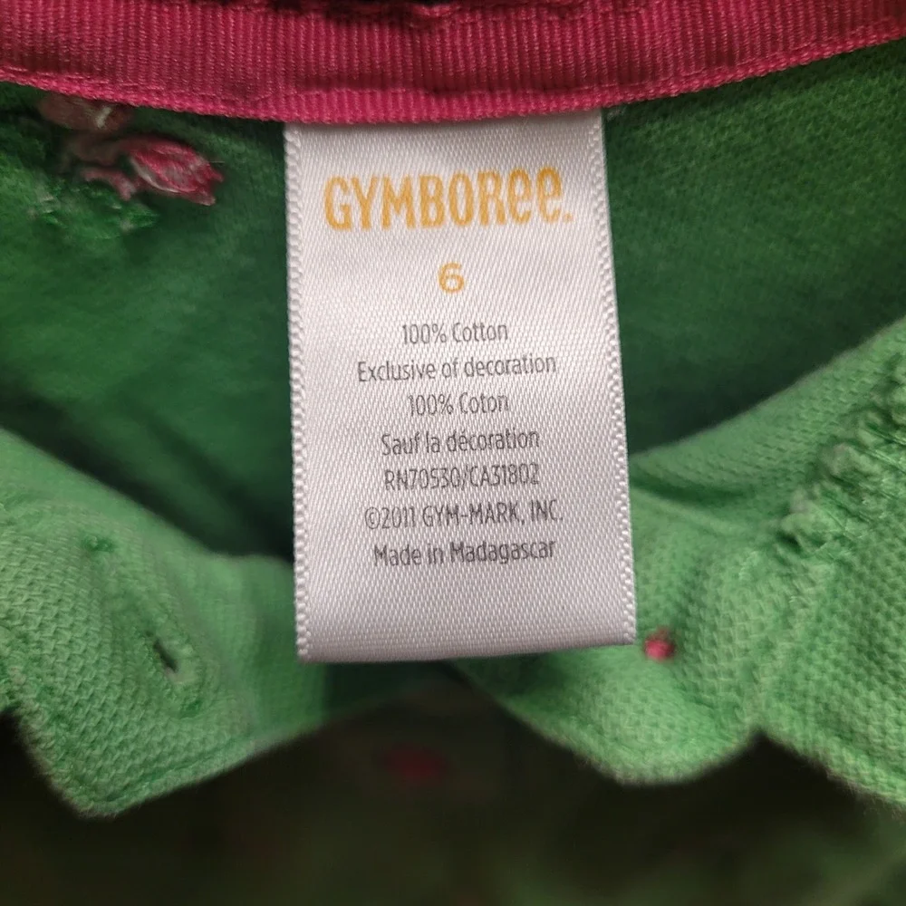 Gymboree Girls Green Pink Floral Embroidered Polo Dress Size 6 Cotton Ruffle Bow